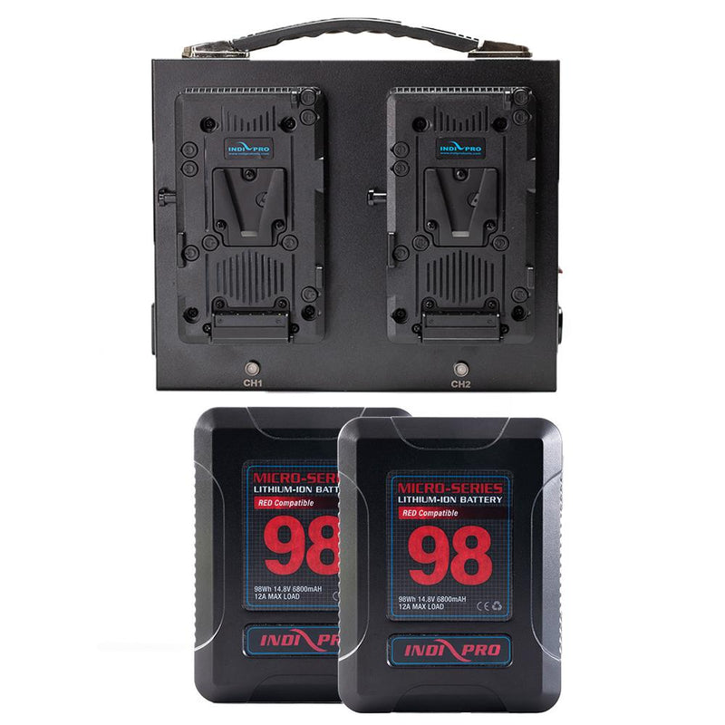 Indipro 2x Micro-Series 98Wh V-Mount Li-Ion Batteries (Red Compatible) and Fusion Dual V-Mount Charger Kit