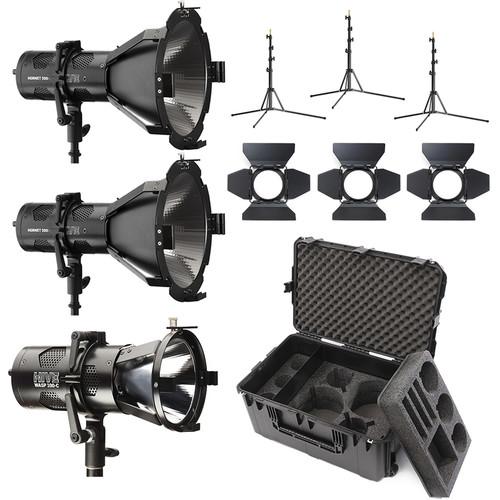 Hive Lighting 3 Light Omni-Color LED Kit w/ 2-HORNET 200-C Par Spot, 1-WASP 100-C Par Spot w/ 3 Stands & 3 Light Hard Rolling Case (Custom Foam)